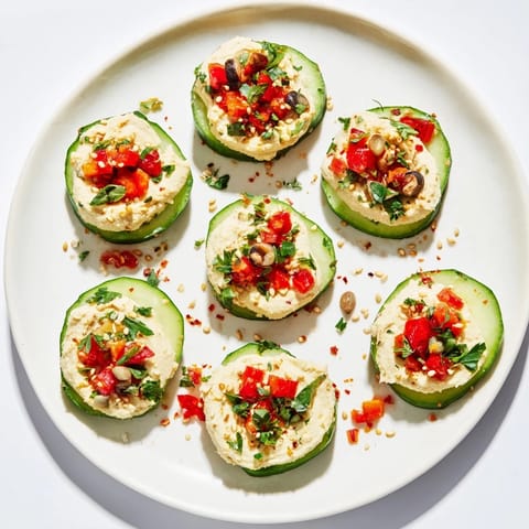 Quick Hummus and Cucumber Bites: cool cucumber rounds topped with creamy hummus, garnished with red pepper.