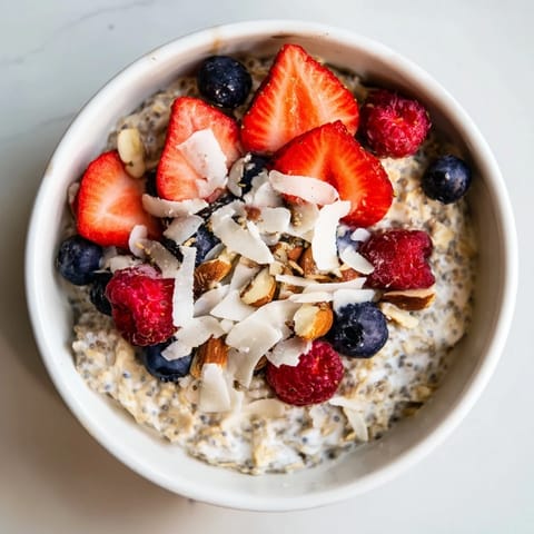 Fresh blueberries and raspberries top these easy overnight oats, ideal for a quick meal.