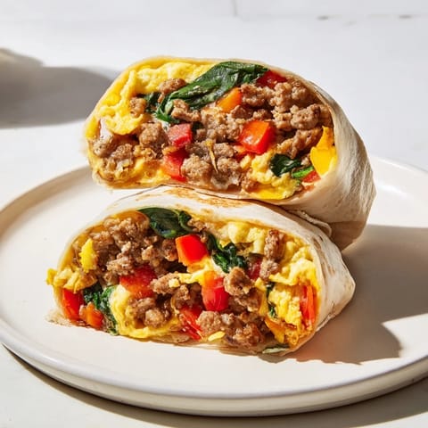 A warm, delicious Make-Ahead Breakfast Burrito, ready to eat, with visible sausage and colorful veggies.