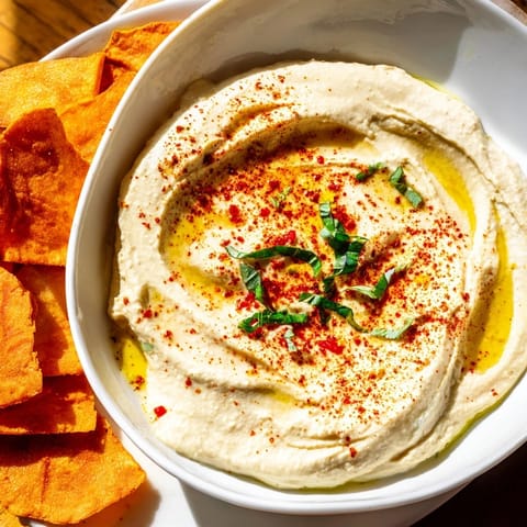 View the Sahara Dune: Golden pita chips surround creamy hummus, a unique Middle Eastern-inspired appetizer.