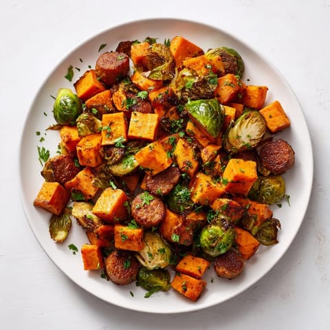 Sizzling Italian sausage nestled with roasted sweet potatoes and Brussels sprouts in this sheet pan recipe.