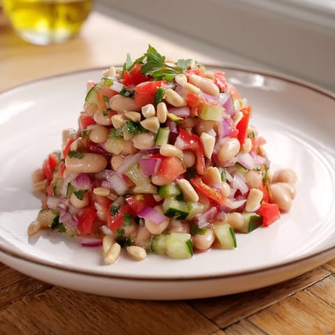 Delicious Dense Bean Salad, featuring glistening beans and crisp veggies, with a Sleepy Girl Mocktail dressing.