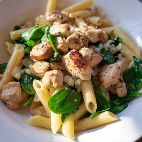 Steaming One-Pot Spinach and Chicken Pasta, glistening with Parmesan, looks hearty and delicious.