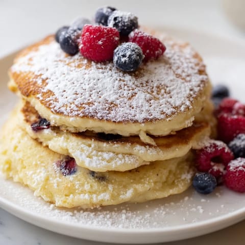 A stack of warm Lemon Ricotta Pancakes, fluffy and light, with visible flecks of lemon zest.