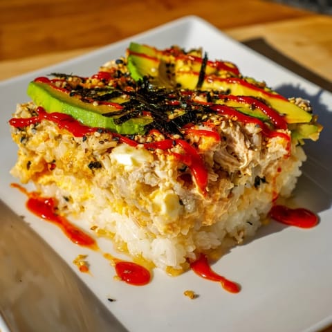 Creamy chicken sushi bake: A close-up of the delicious topping with furikake and sesame seeds.