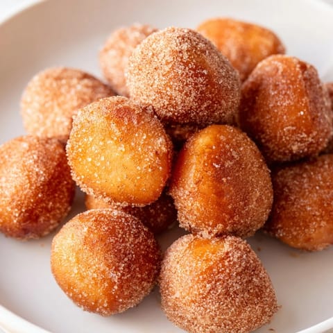 Warm, tender Air Fryer Cinnamon Donuts, perfectly dusted with a sweet cinnamon and sugar mixture.