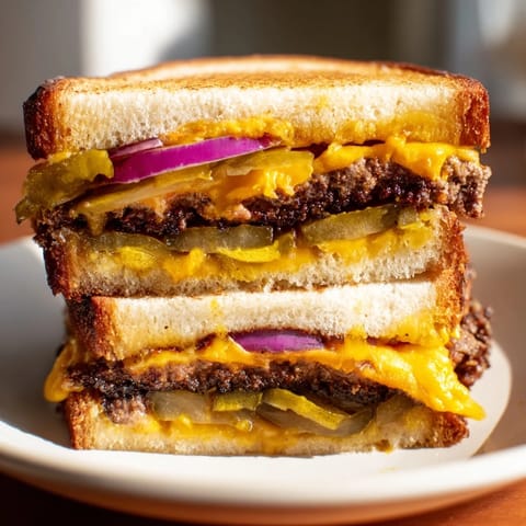Mouthwatering Smashed Burger Grilled Cheese sandwich, stacked high with savory beef and cheese, is ready.