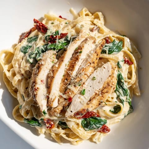 A close-up view of the Creamy Tuscan Chicken Pasta, showcasing the sauce's creamy texture and spinach.