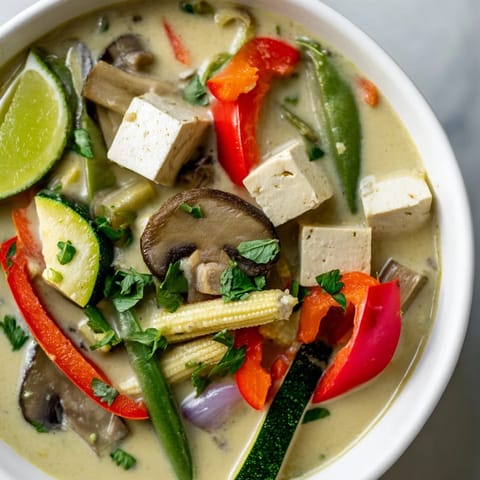 Flavorful Thai Green Curry Coconut Soup with tender vegetables and tofu, offering a spicy aroma.