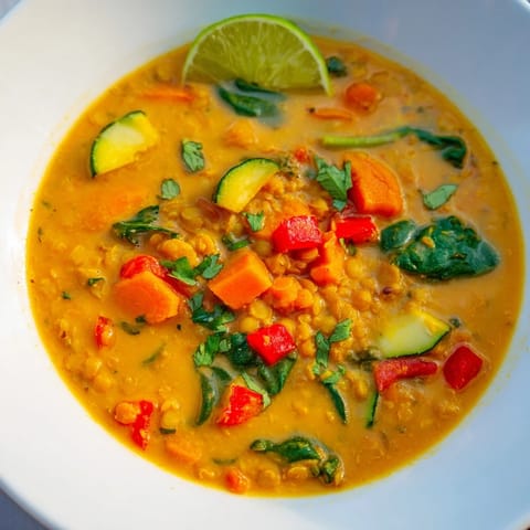 A close-up shot of the vibrant red Lentil Red Curry Soup, showcasing the creamy coconut broth.