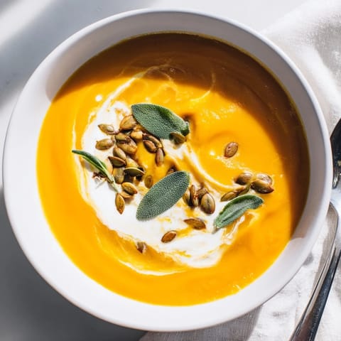 Steaming bowl of creamy butternut squash soup, garnished with fresh sage leaves and seeds.