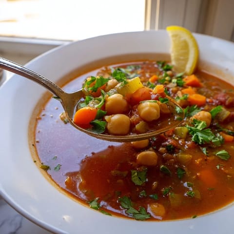 Lemony, hearty North African Harira Soup with chickpeas, lentils, and fresh herbs, a comforting meal.