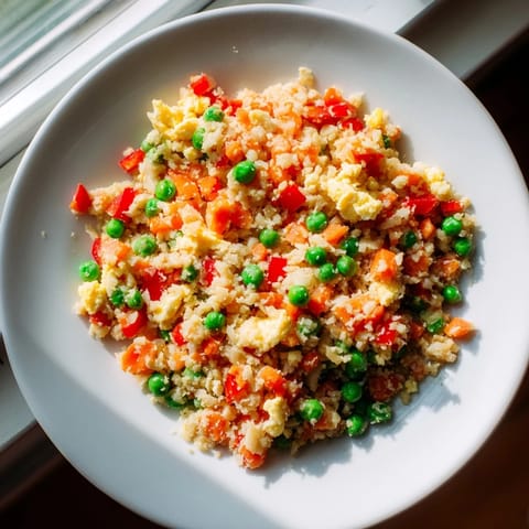 A healthy serving of Cauliflower Fried Rice in a white bowl, featuring colorful veggies and a drizzle of sesame oil.