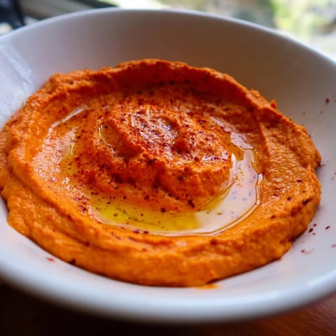 A bowl of creamy roasted red pepper hummus garnished with olive oil, paprika, and fresh parsley for dipping.  