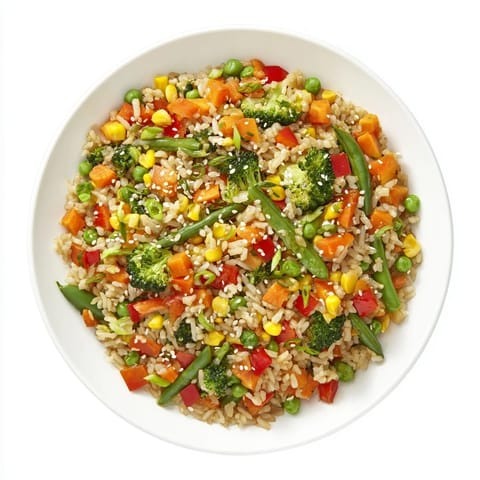 A close-up of vibrant vegetable fried rice, featuring colorful diced carrots, bell peppers, and crisp broccoli florets.
