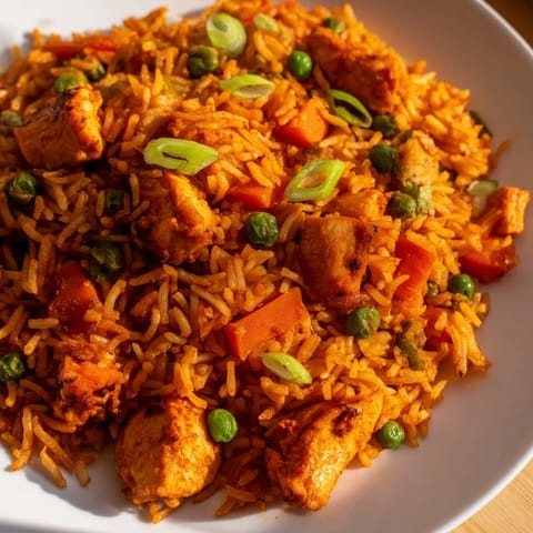 A close-up of Butter Chicken Fried Rice in a skillet, featuring tender chicken pieces, vibrant peas, and fluffy grains.