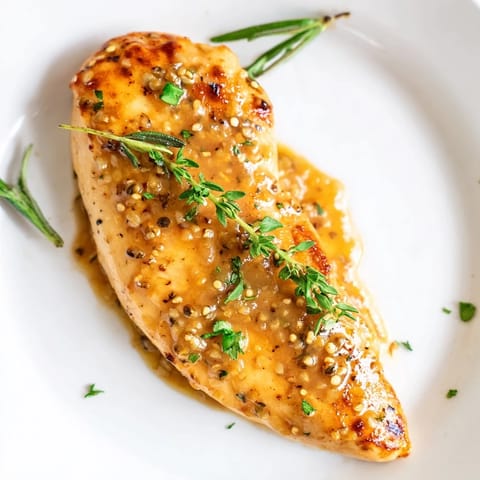 A close-up of juicy chicken breasts in a honey Dijon sauce, garnished with parsley and served over creamy mashed potatoes.  