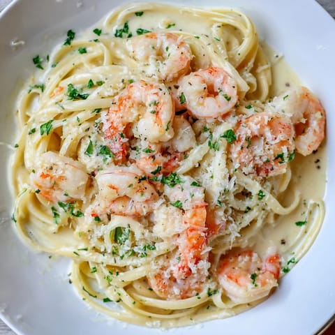Steaming plate of Creamy Garlic Shrimp Pasta featuring plump, pink shrimp and linguine coated in a velvety garlic cream sauce, ready to serve.