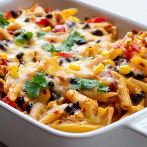 In a white oval baking dish, the golden-brown crust on a Chicken Burrito Pasta Bake shows melted cheddar and Monterey Jack cheese.