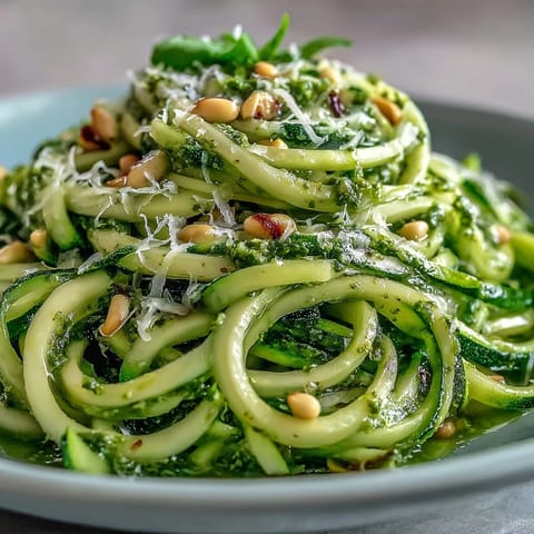 A close-up of tender zucchini spirals tossed in vibrant pesto sauce, garnished with pine nuts and red pepper flakes for a spicy kick.