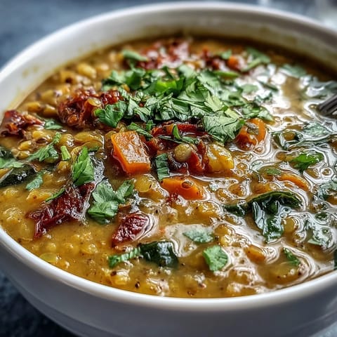 Steaming bowl of homemade Mung Bean Soup garnished with fresh cilantro and lemon, served alongside fluffy white rice.
