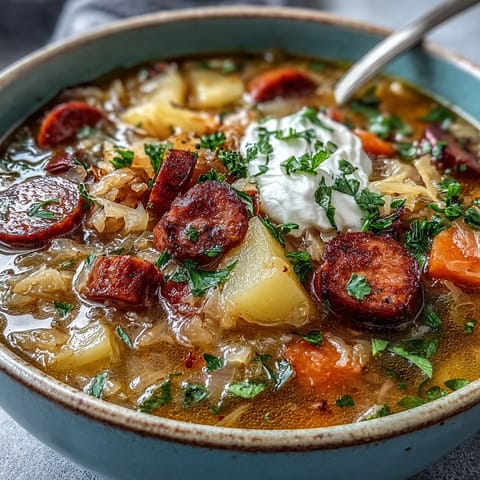 Hearty Sauerkraut Soup in a rustic bowl, topped with fresh parsley and a dollop of sour cream, steaming warmly.