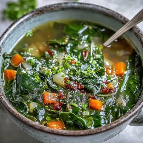 Freshly prepared Swiss Chard Soup with tender greens and lemon, garnished with chopped parsley on a rustic table.