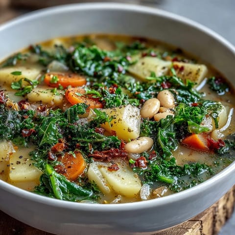 Steaming bowl of Kale Soup with cannellini beans, diced carrots, and rustic gluten-free bread.