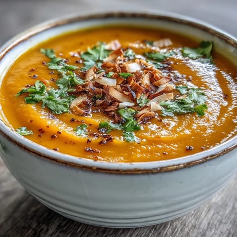 A bowl of golden Carrot and Coconut Soup garnished with cilantro and lime wedges.