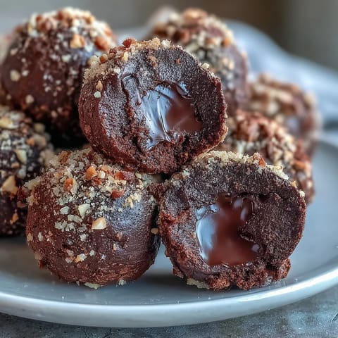A plate of rich, creamy chocolate truffles ready for coating, some with chopped nuts and others rolled in powdered sugar.