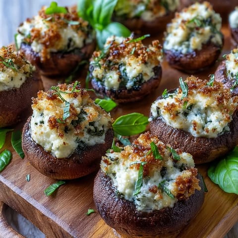 Baked Stuffed Asiago-Basil Mushrooms served warm, ideal for elegant appetizers or party platters.