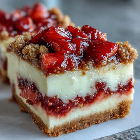 A close-up view shows the creamy cheesecake layer and juicy strawberries in these homemade Strawberry Cheesecake Bars.