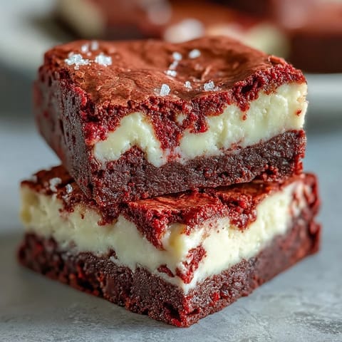 Perfectly cut squares of Red Velvet Cheesecake Brownies served on a white plate, ready for a festive party.