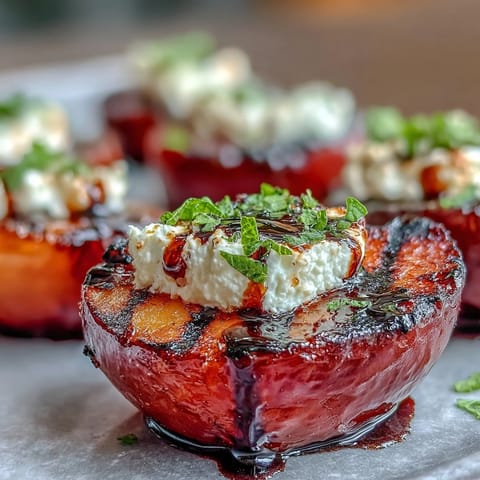Freshly grilled plums with goat cheese and mint garnish on a rustic platter.