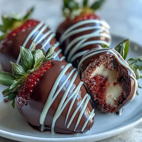 Fresh strawberries coated in rich semisweet chocolate, finished with a delicate white chocolate drizzle on a baking tray.