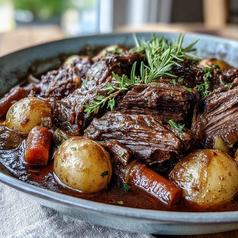 Golden-brown beef pot roast with tender carrots and baby potatoes swimming in a rich, savory red wine gravy.