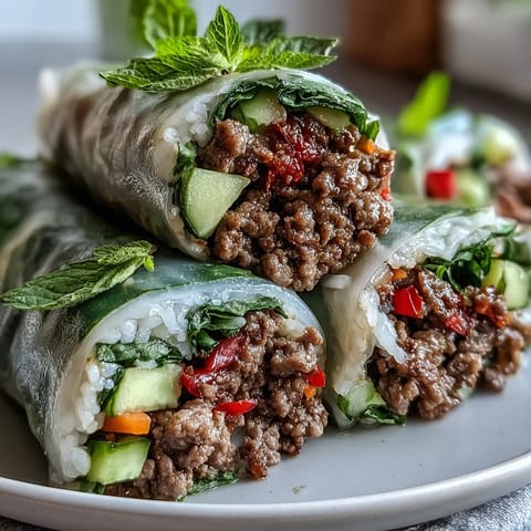 Thai Basil Beef Rolls served on a plate with a side of spicy dipping sauce for a light lunch. 