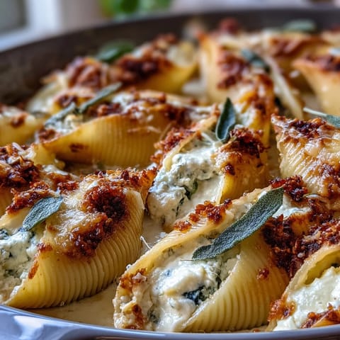 Golden, bubbly Pumpkin & Gouda Stuffed Shells fresh from the oven in a ceramic baking dish.