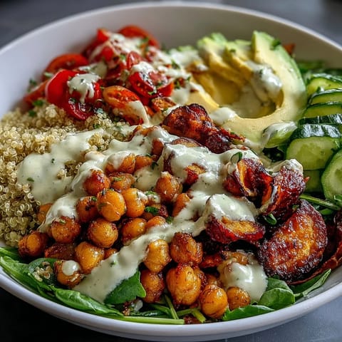 Fresh cucumber and avocado slices add crisp texture to a colorful vegan dinner bowl.
