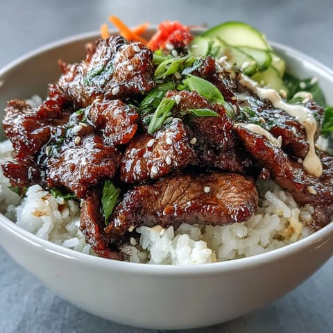 Overhead view of a Korean Beef Power Bowl with colorful toppings, sesame seeds, and green onions on steamed rice for a balanced, protein-packed meal.