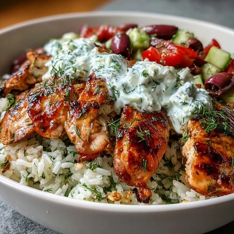 Juicy Greek Chicken Bowl with herbed rice, tomato-cucumber salad, and a dollop of tzatziki sauce, ready to serve.