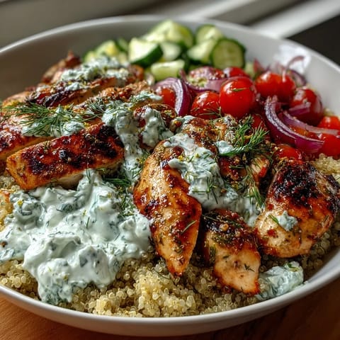 Golden sliced lemon-herb chicken sits atop a colorful Greek Chicken Power Bowl with cucumber, tomatoes, and Kalamata olives.