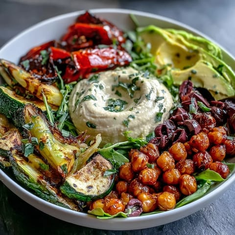 Colorful Vegan Mediterranean Buddha Bowl featuring chickpeas, olives, and hummus over a bed of crisp mixed greens.