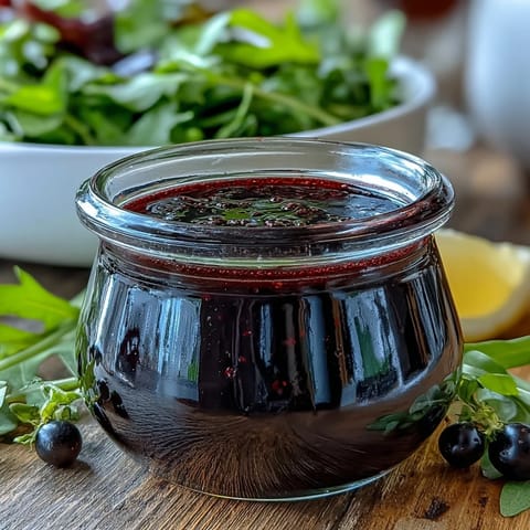 A glass jar filled with deep red Black Currant Vinaigrette, drizzled over a fresh spinach salad with goat cheese.