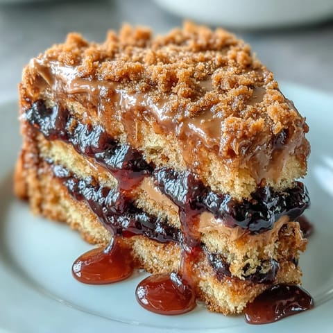 Warm slices of PB and J Cake With Black Currant Sauce drizzled generously over the top for a sweet finish.