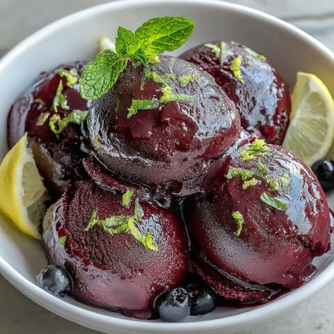 Inside a freezer-safe container, freshly churned Black Currant Sorbet displays a rich, deep purple hue and creamy consistency.