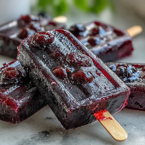 Six vibrant homemade Black Currant Popsicles stand upright in a metal tray, showcasing their deep purple hue and glossy finish.