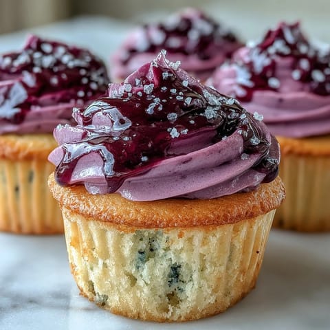 Twelve freshly baked, light Olive Oil Cupcakes topped with tangy Black Currant Frosting, ready to serve at tea time.
