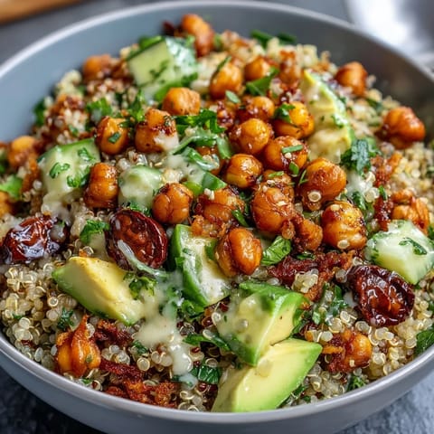 Colorful grain bowl with roasted chickpeas, fresh vegetables, and zesty lemon vinaigrette drizzled on top.