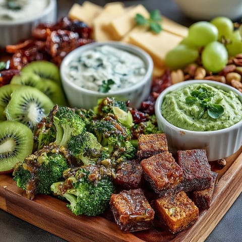 Vibrant green food board with fresh fruits, veggies, cheeses, and snacks for a festive St. Patrick's Day celebration.  